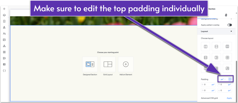 Wix Guide Local Business Module 2, editing top padding