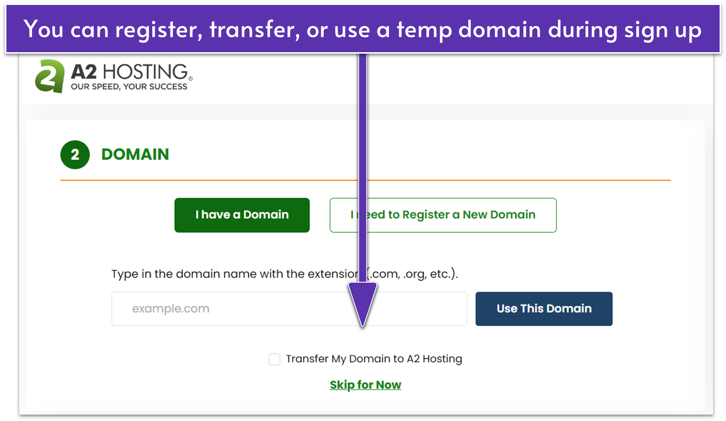 Hosting domain name registration during sign up process