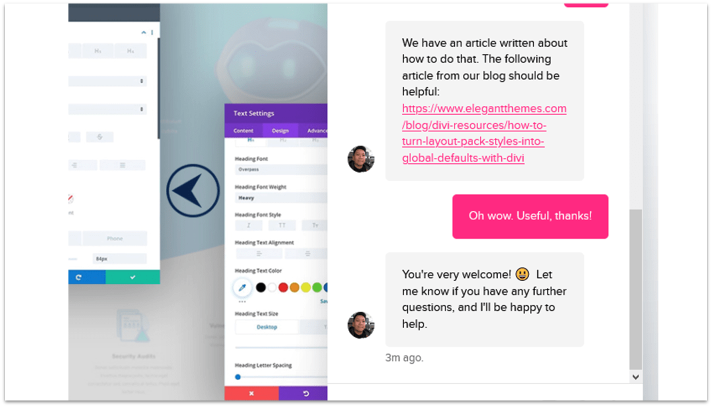 Divi's live chat support