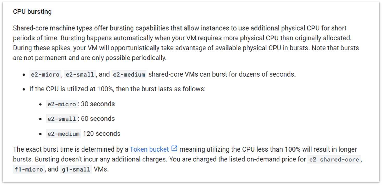 Google Cloud e2-micro, e2-small, and e2-medium VM CPU burst durations