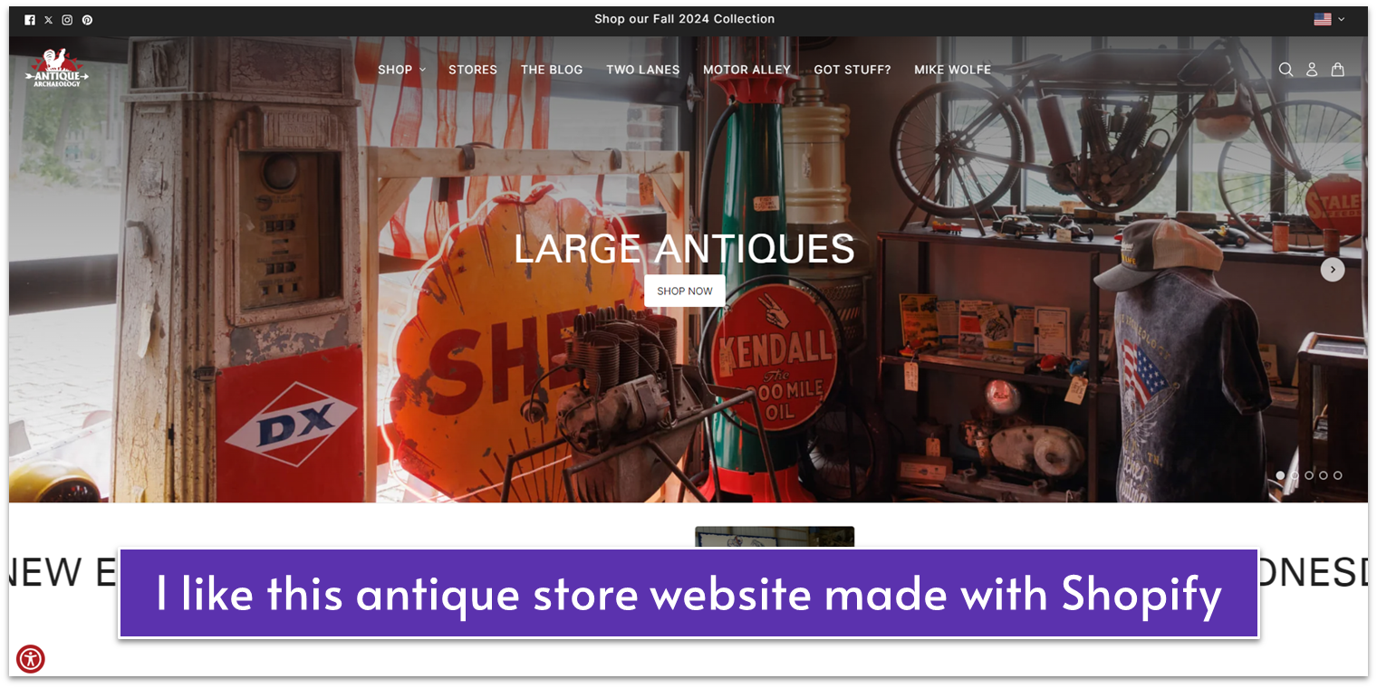 The homepage of an antique shop website made with Shopify