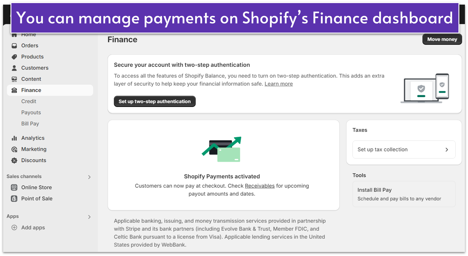 The Finance menu on Shopify