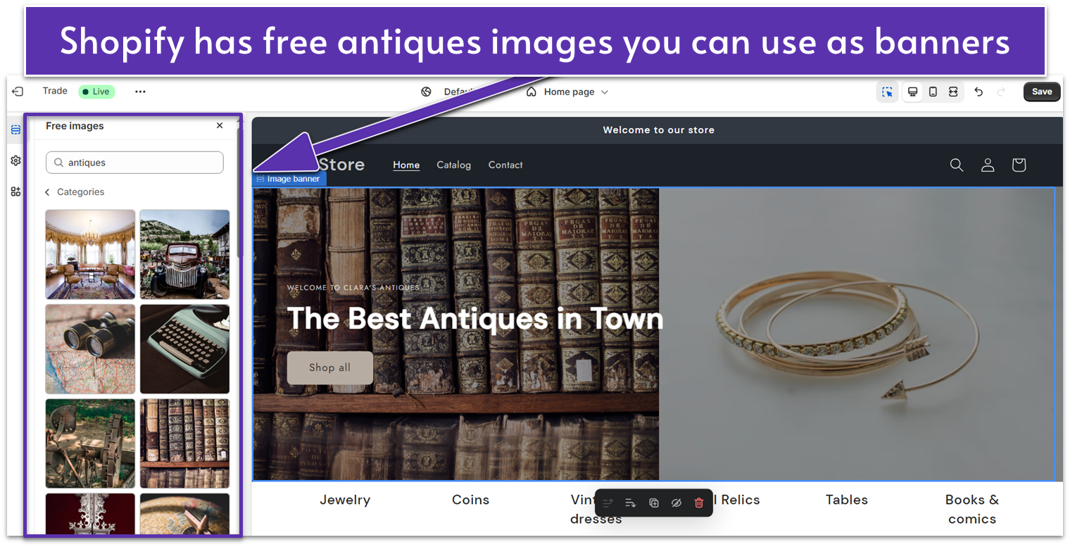 Shopify's editor with the Free Images menu open on the left side