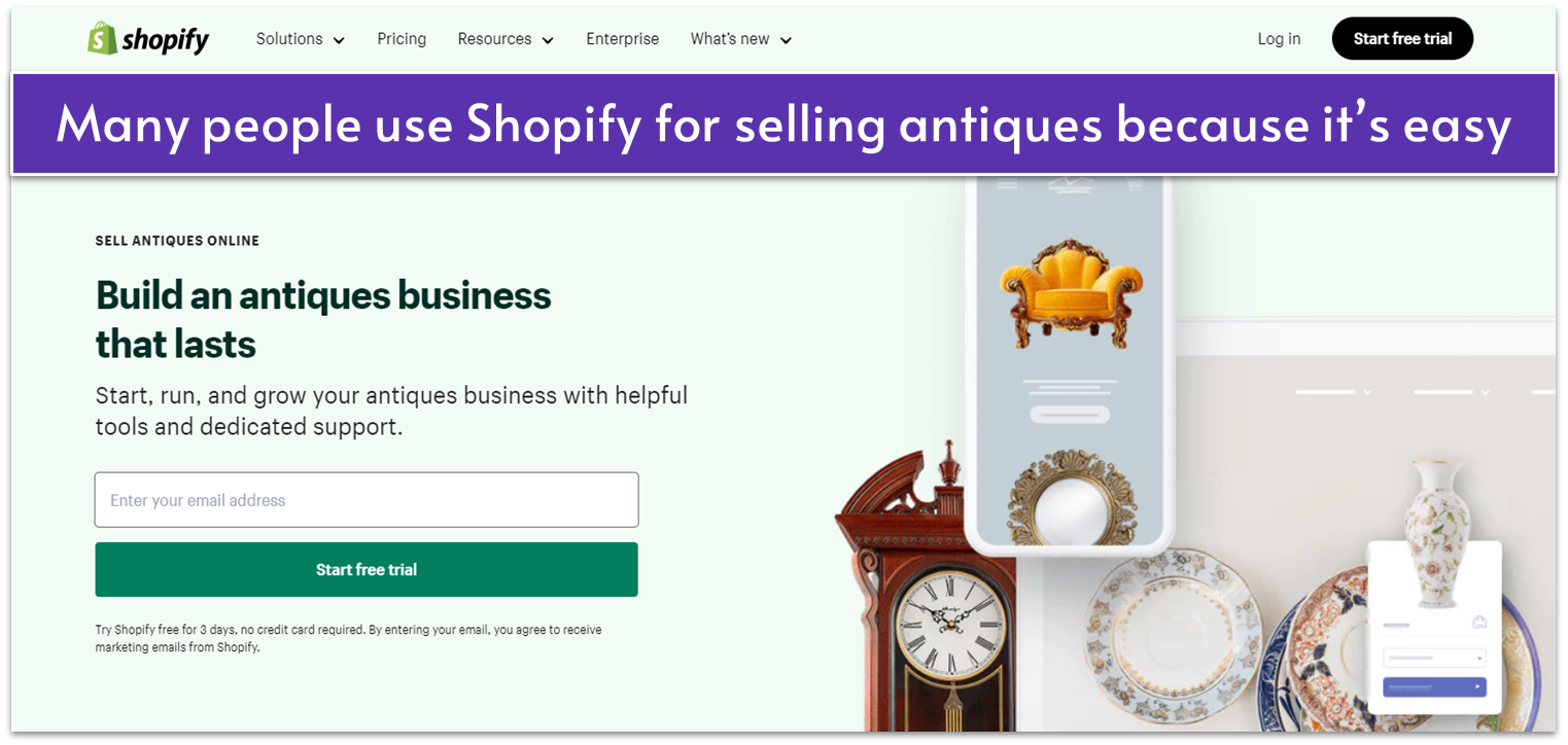 Shopify's homepage for antique sellers