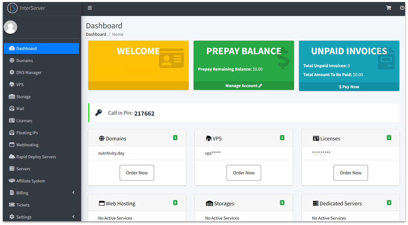 InterServer client dashboard