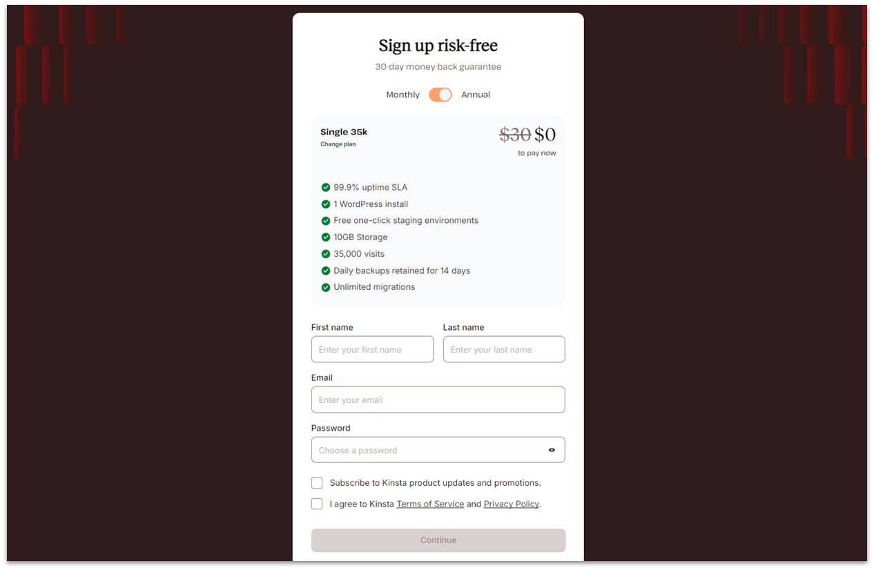 Kinsta account sign-up page