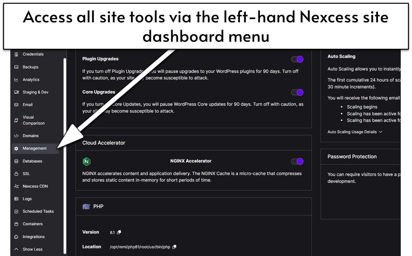 Nexcess user dashboard