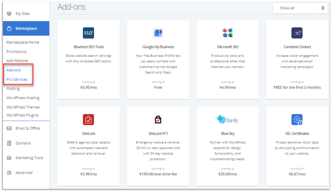 Bluehost's addons