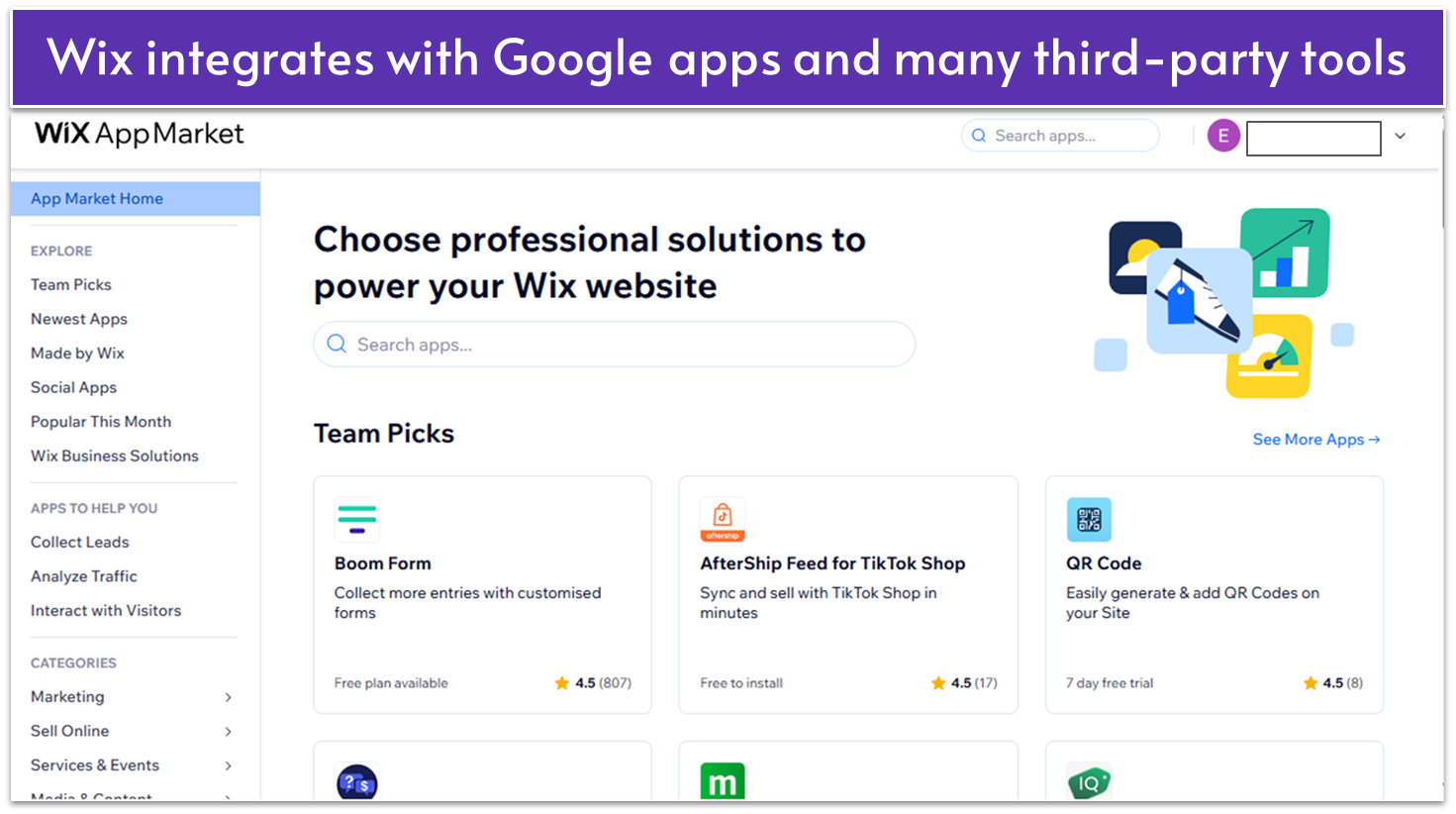 Wix App Market options