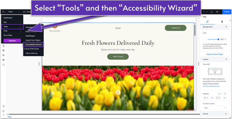 Wix Guide Local Business Site Module 8, opening the accessibility wizard