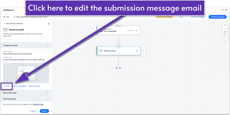 Wix Guide Local Business Site Module 8, edit button for the submission email