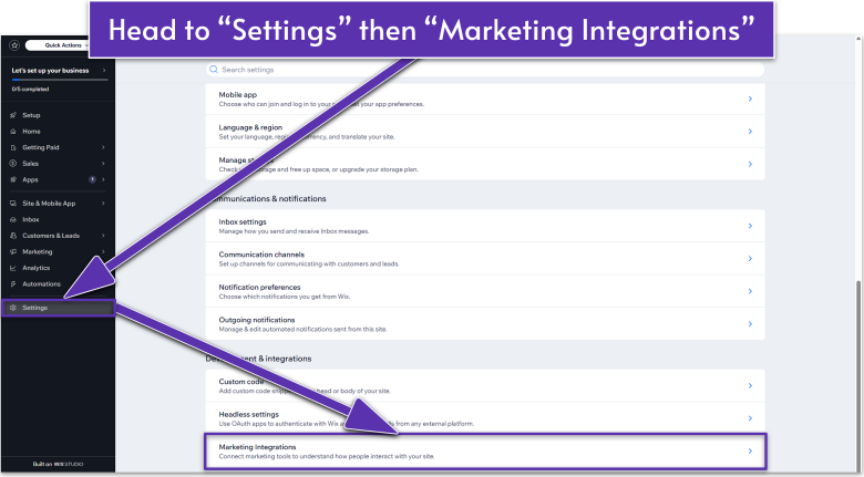Wix Guide Local Business Site Module 8, accessing marketing integrations from the settings menu