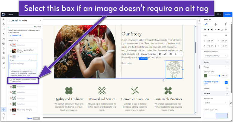 Wix Guide Local Business Site Module 8, setting image as decorative in accessibility wizard