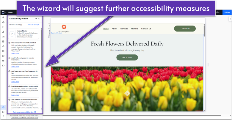 Wix Guide Local Business Site Module 8, accessibility wizard list of manual tasks