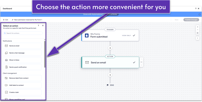 Wix Guide Local Business Site Module 8, possible form submission actions