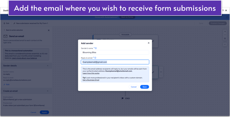 Wix Guide Local Business Site Module 8, adding recipient email to Wix form