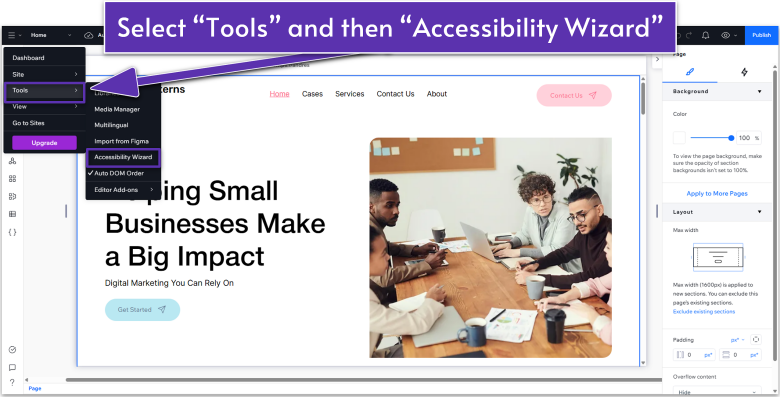 Wix Guide Agency Site Module 8, opening the accessibility wizard