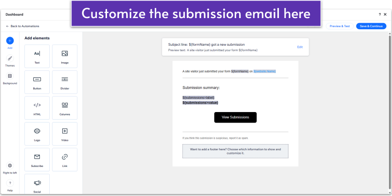 Wix Guide Agency Site Module 8, customizing the submission email