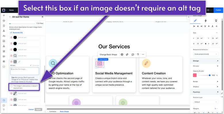 Wix Guide Agency Site Module 8, setting image as decorative in accessibility wizard