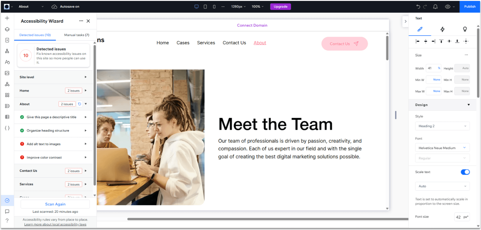 Wix Guide Agency Site Module 8, changing other settings from the accessibility wizard