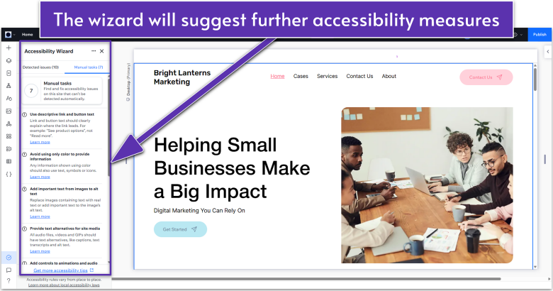 Wix Guide Agency Site Module 8, accessibility wizard list of manual tasks