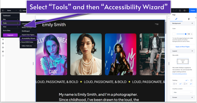 Wix Guide Portfolio Site Module 8, opening the accessibility wizard