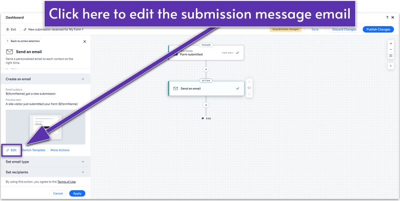 Wix Guide Portfolio Site Module 8, edit button for the submission email
