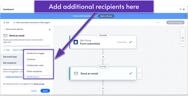 Wix Guide Portfolio Site Module 8, adding additional email recipients