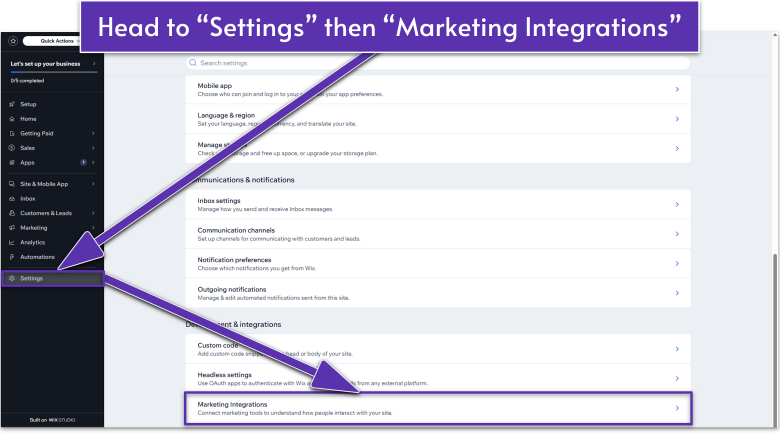Wix Guide Portfolio Site Module 8, accessing marketing integrations from the settings menu