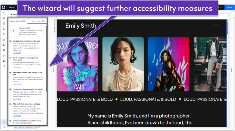 Wix Guide Portfolio Site Module 8, accessibility wizard list of manual tasks