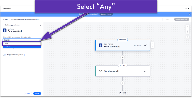 Wix Guide Portfolio Site Module 8, changing the form trigger to "Any"