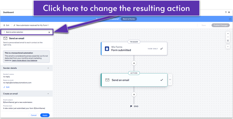 Wix Guide Portfolio Site Module 8, changing the resulting action from the form submission