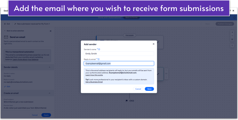 Wix Guide Portfolio Site Module 8, adding recipient email to Wix form