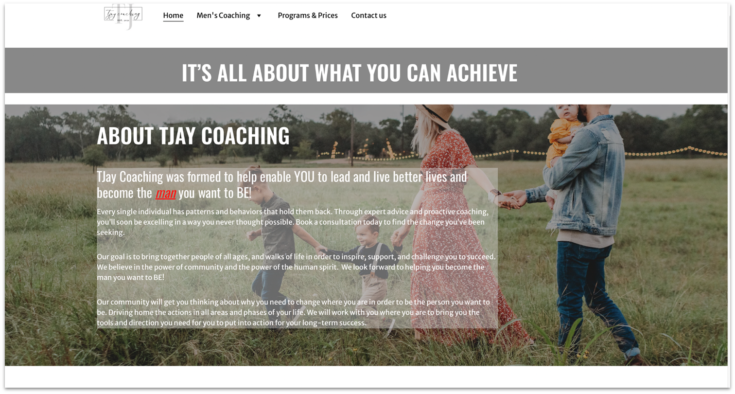 TJ Coaching website homepage