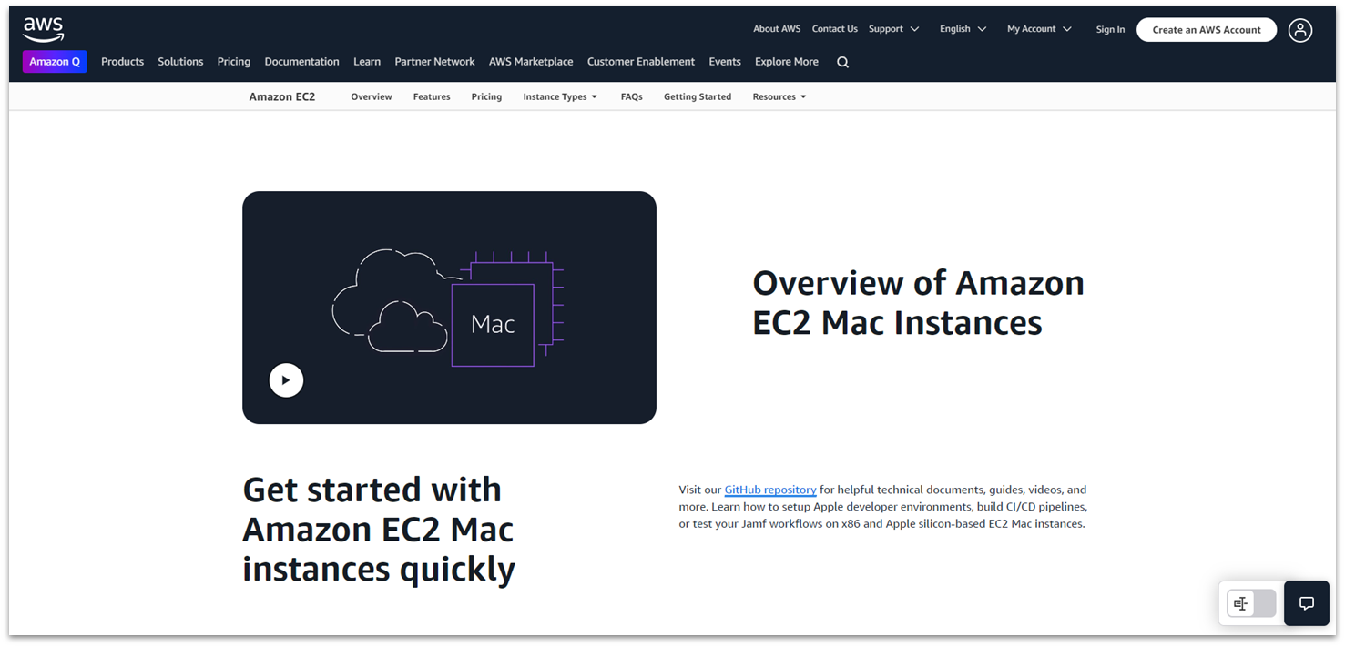 Amazon Web Services EC2 Mac hosting instance