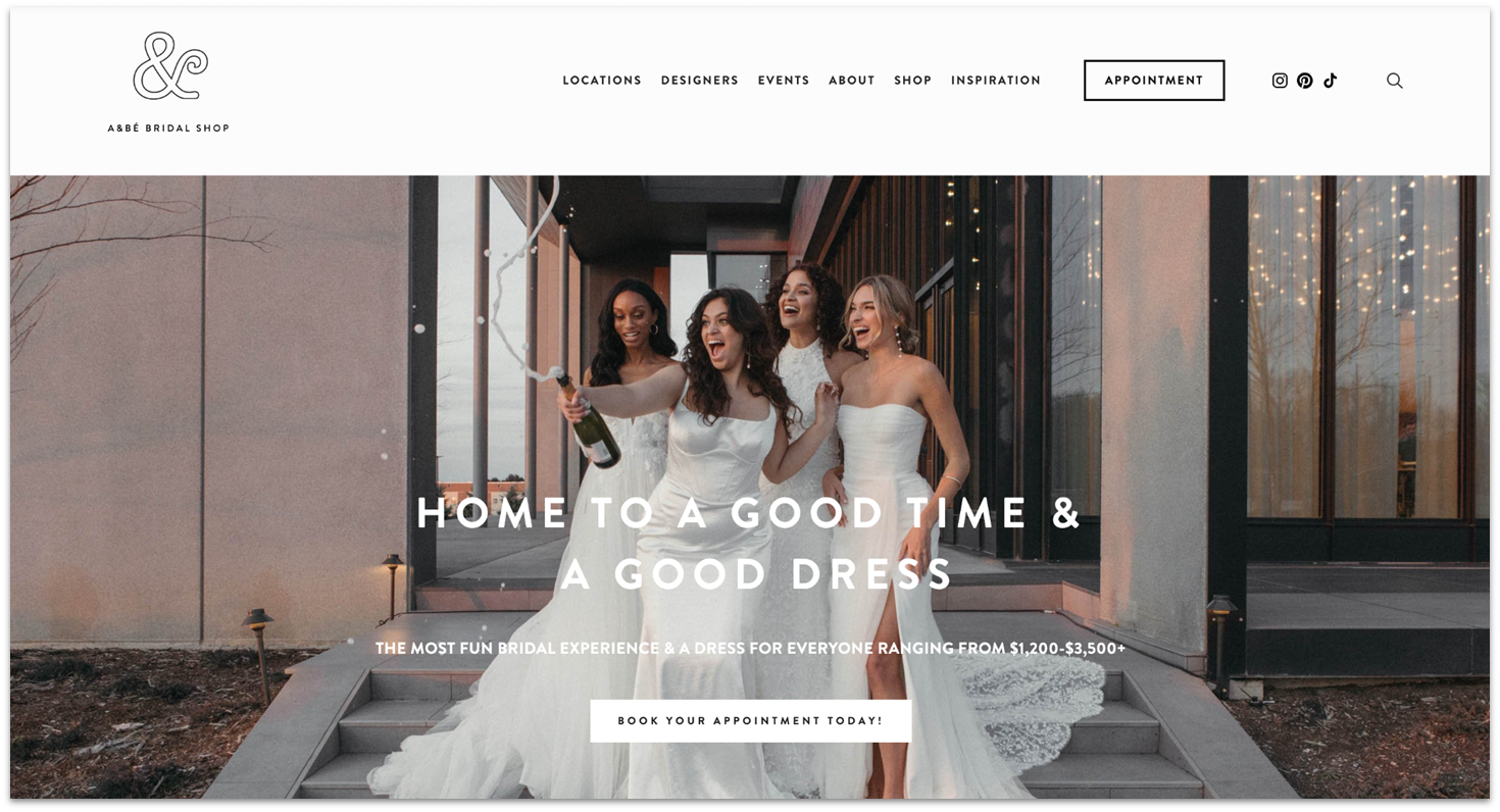 A & Bé Bridal Shop homepage made with Squarespace