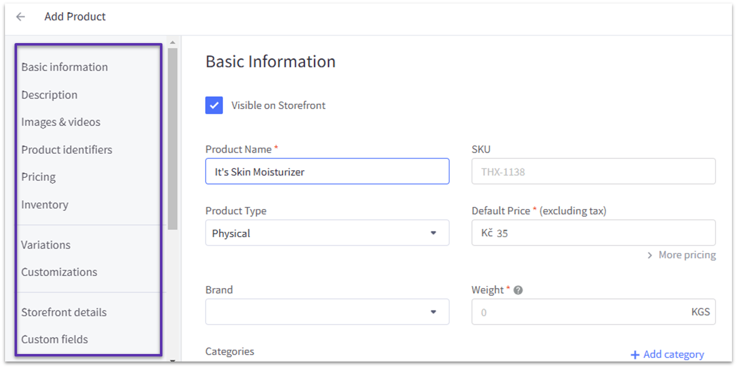 BigCommerce Interface for Adding Products