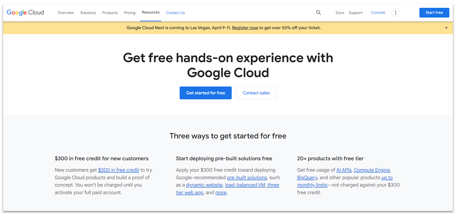 Screenshot of Free Tier features on Google Cloud Platform