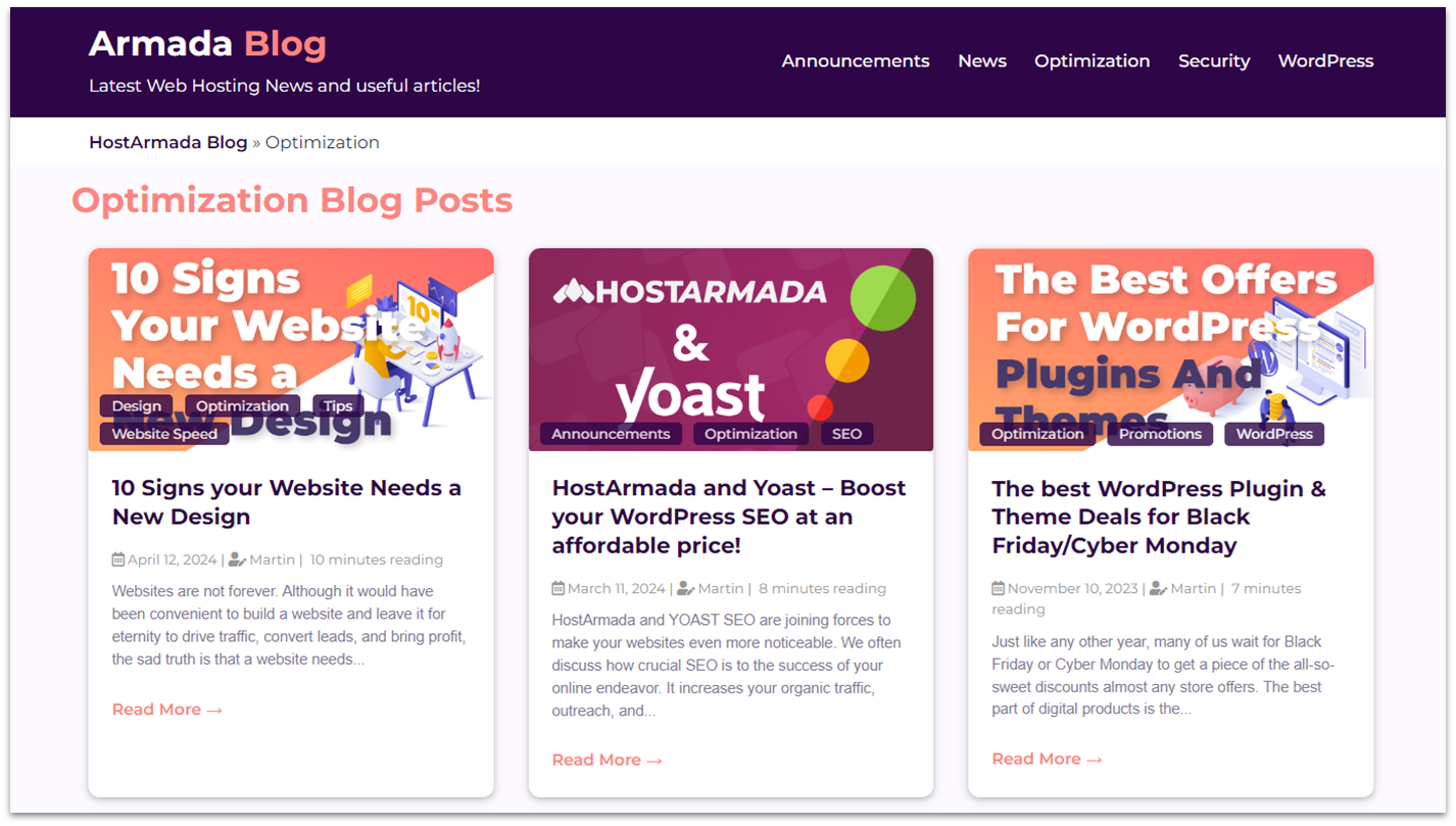 HostArmada's blog archive, featuring six article cards covering security, PHP, SSL, Technical Tips, and other topics.