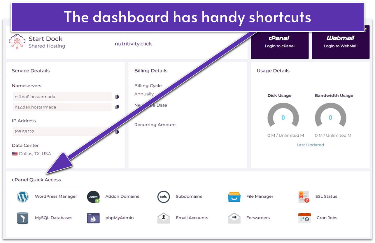 Website dashboard with service details, billing details, disk usage, bandwidth usage and cPanel quick access icons.