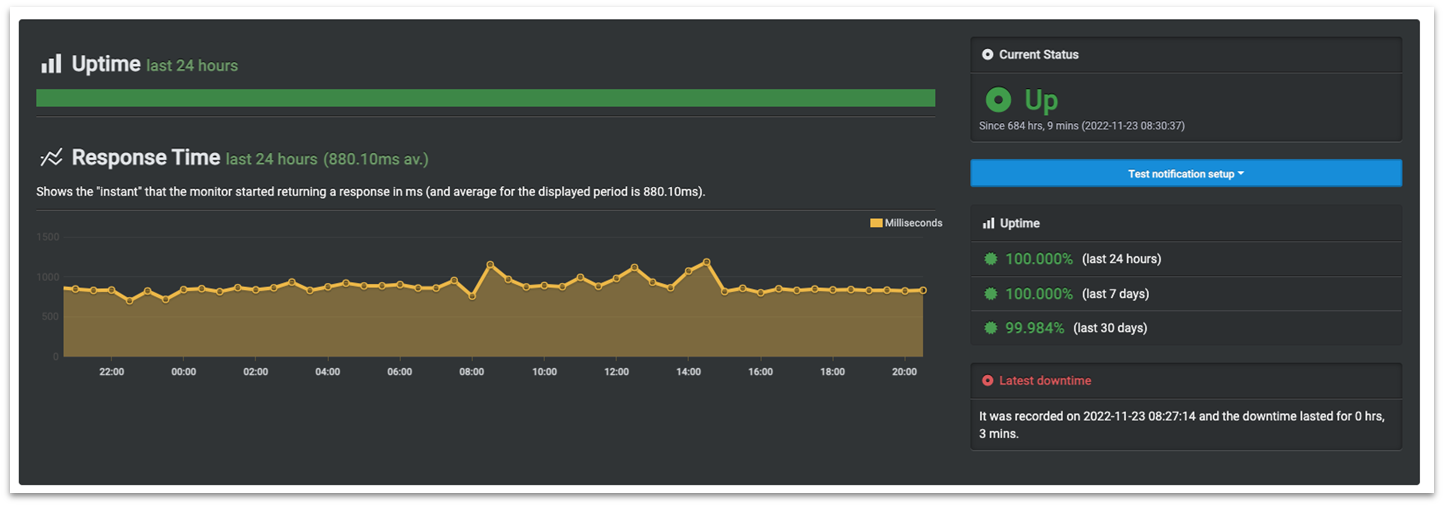 Chart detailing uptime for the test website. The chart shows a consistent line with one minor outage.