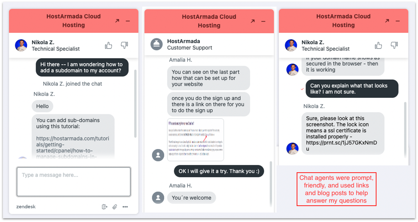 Three chat windows with conversations about subdomains, CDN, and ssl certificates.