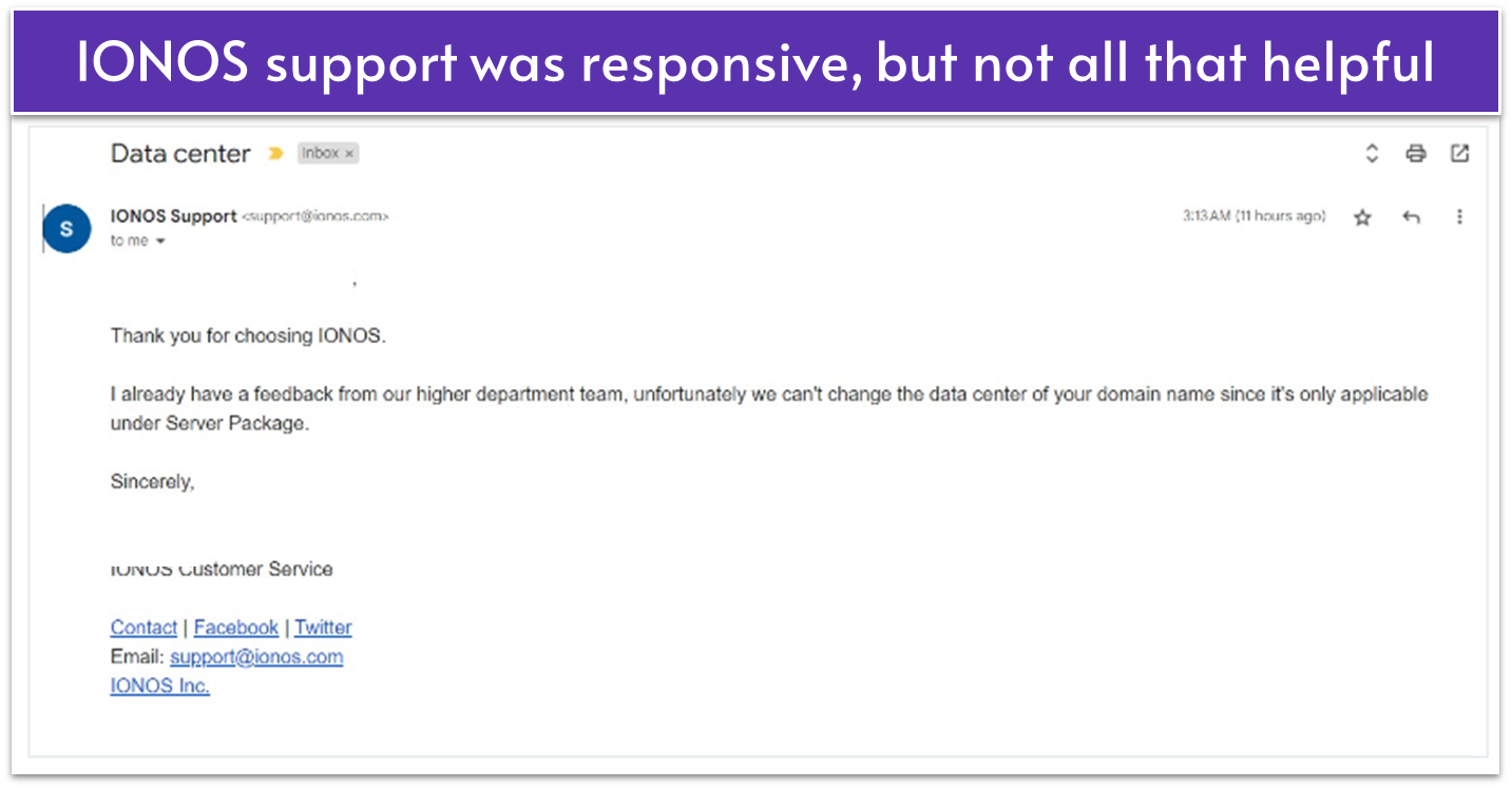 Email response from IONOS support