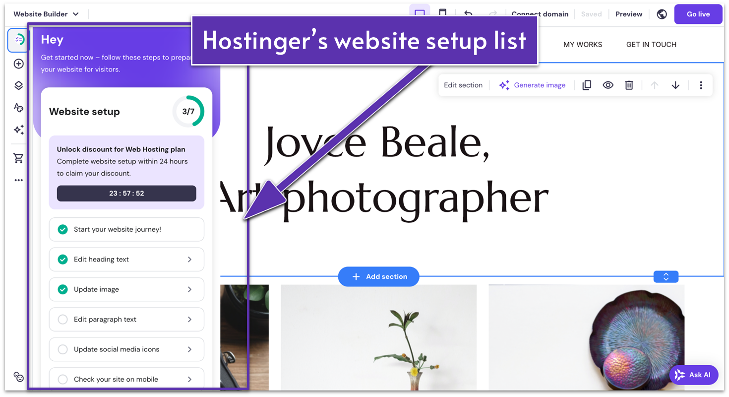 Hostinger's website setup list