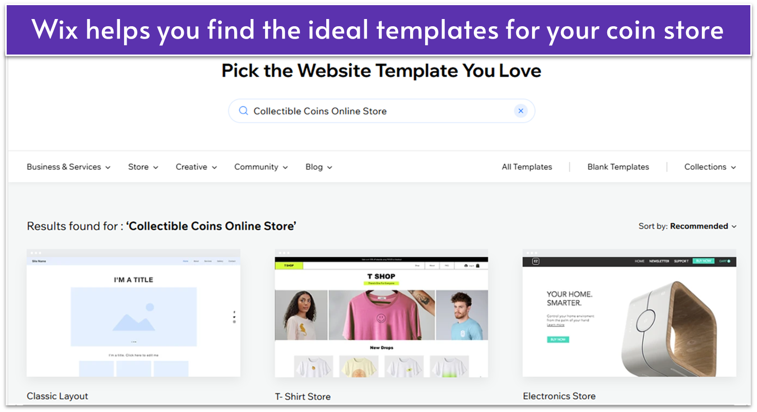 Recommended Wix templates for coin store