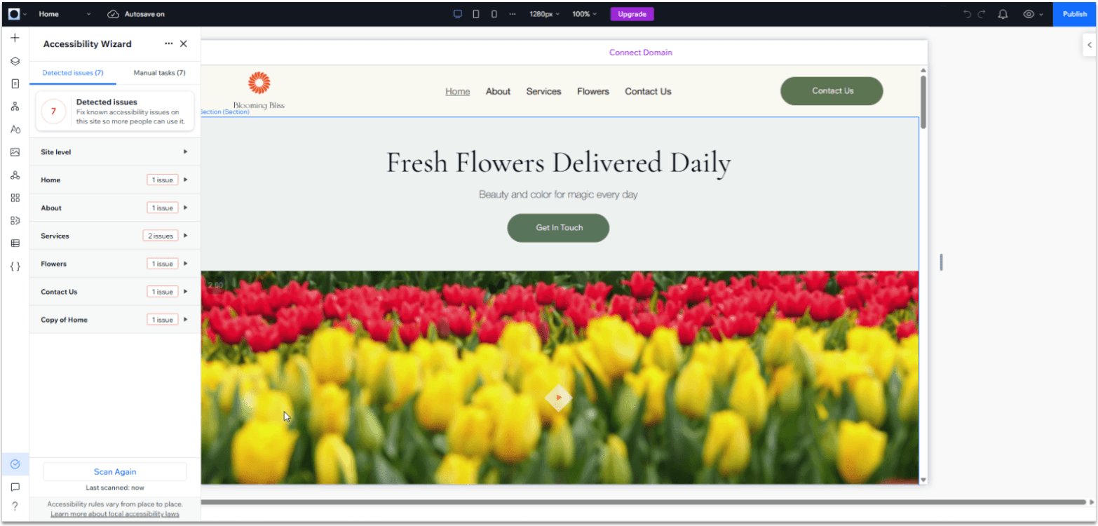 Wix Guide Local Business Site Module 8, adding alt tags to images from the accessibility wizard