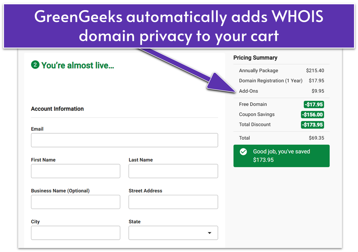 GreenGeeks sign-up process