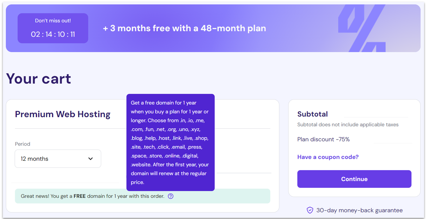 Hostinger checkout page with free domain offer