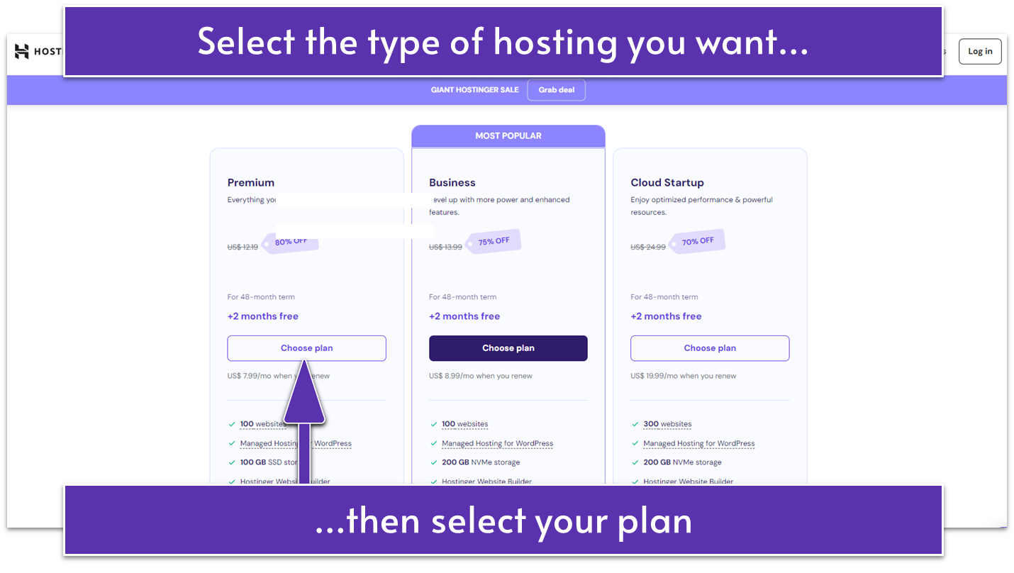 Screenshot of Hostinger's shared hosting plans