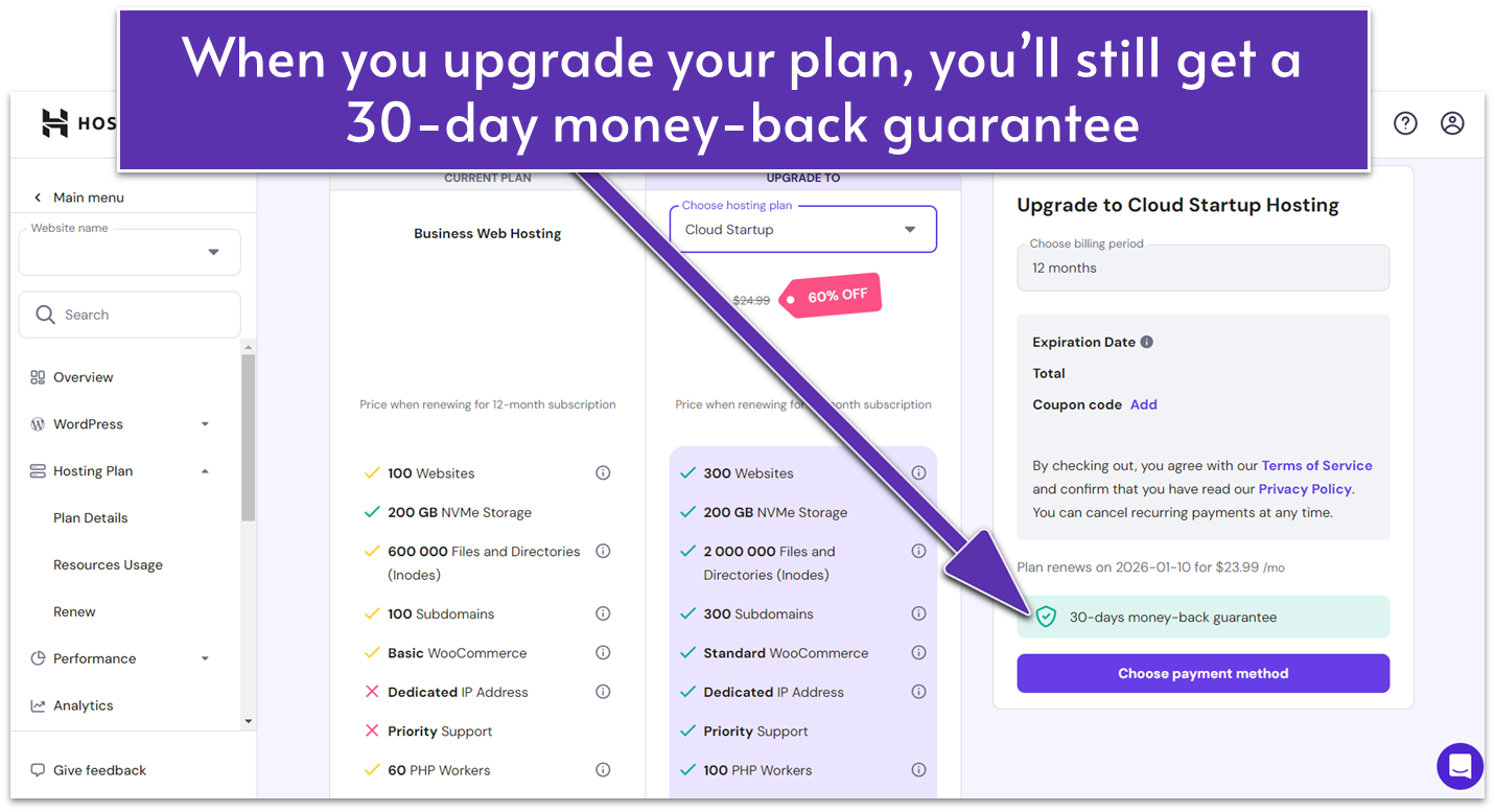 Hostinger hPanel plan upgrade screen